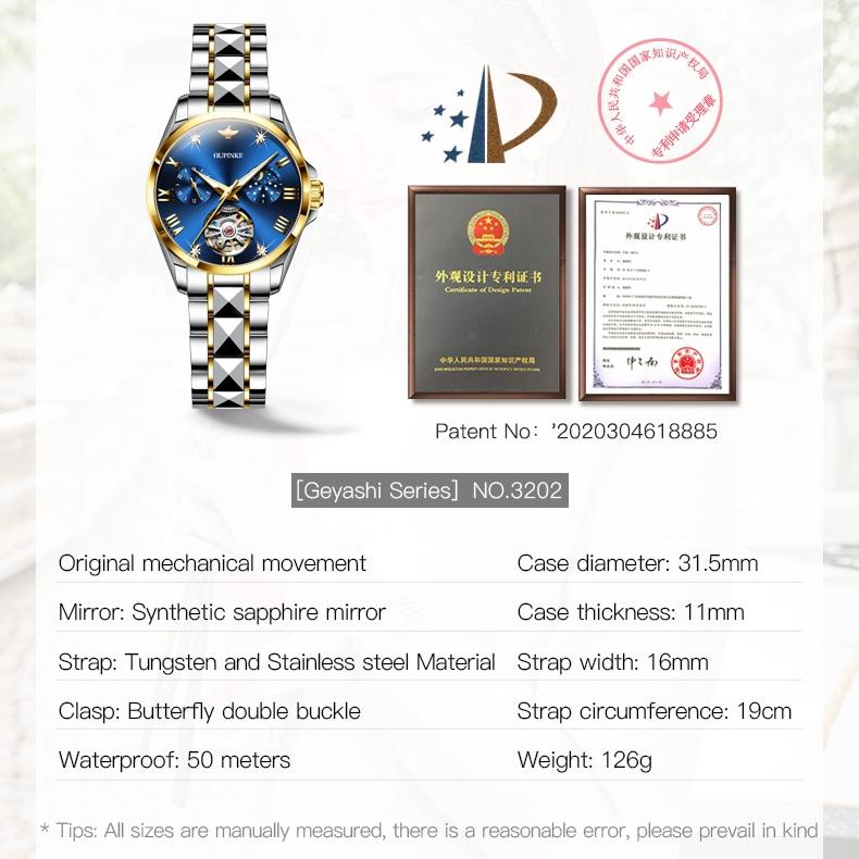 OUPINKE Waterproof Moon Phase Tourbillon Automatic Mechanical Watch Women's Watch Women's Watch