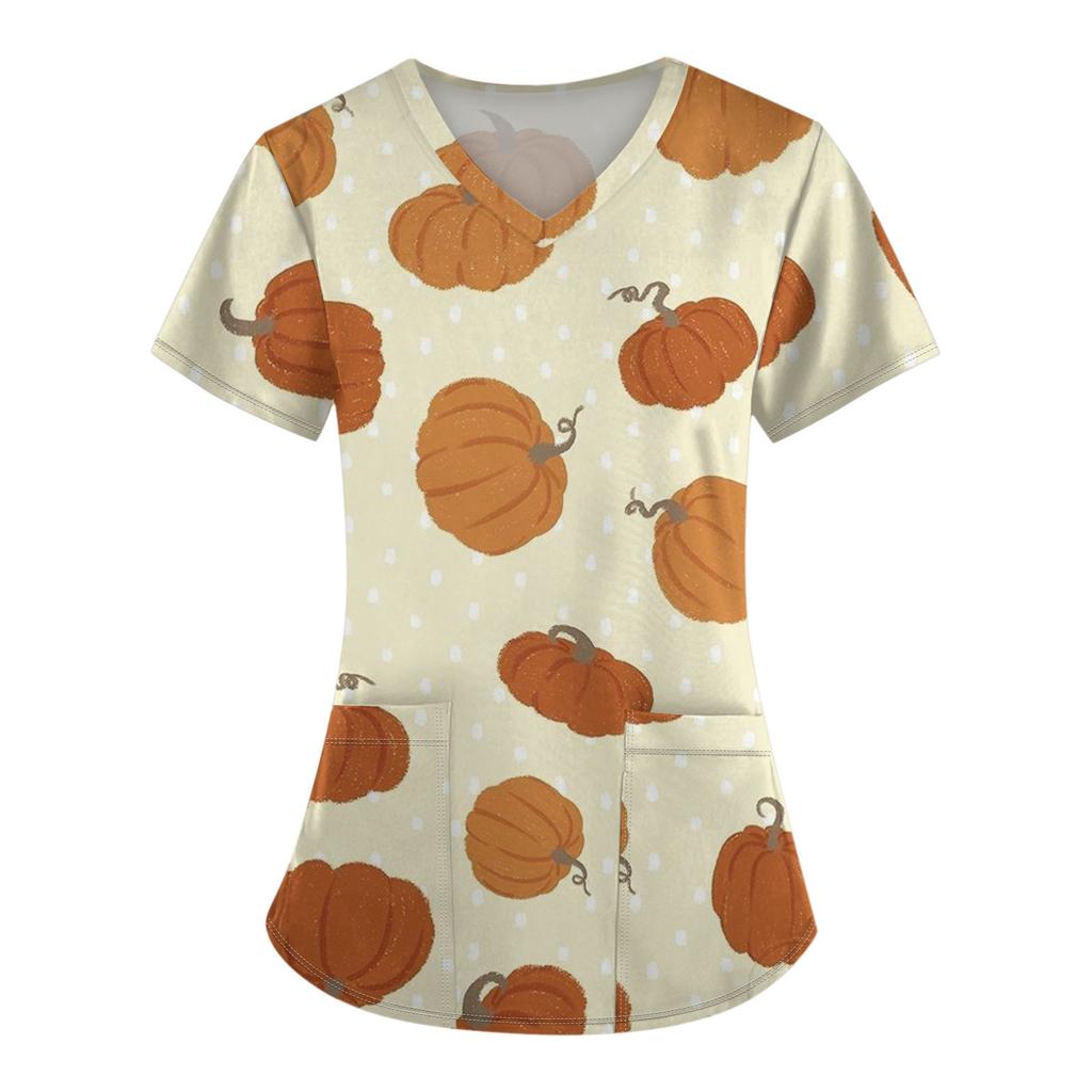 Modisches T-Shirt für Damen mit V-Ausschnitt, kurzen Ärmeln und Tasche, Halloween-Print