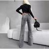 Elegant Grey Leopard Printed Jeans High Waist Straight Leg Vintage High Street Black Jeans Pants Women Formal Korean Retro