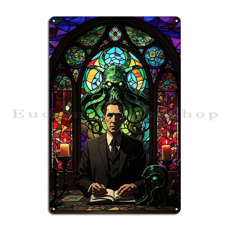 

Retro Church Of Cthulhu Stained Glass Window With Hp Lovecraft Metal Sign Painting Club Club Bar Print Pub Mural Tin Sign Poster 20x30cm（7.8x11.8inch）