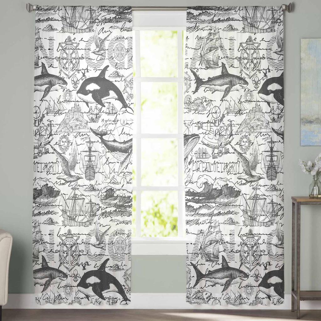 Ocean Summer Vintage Dolphin Window Tulle Curtains for Living Room Bedroom Hotel Luxury Decoration Sheer Curtains
