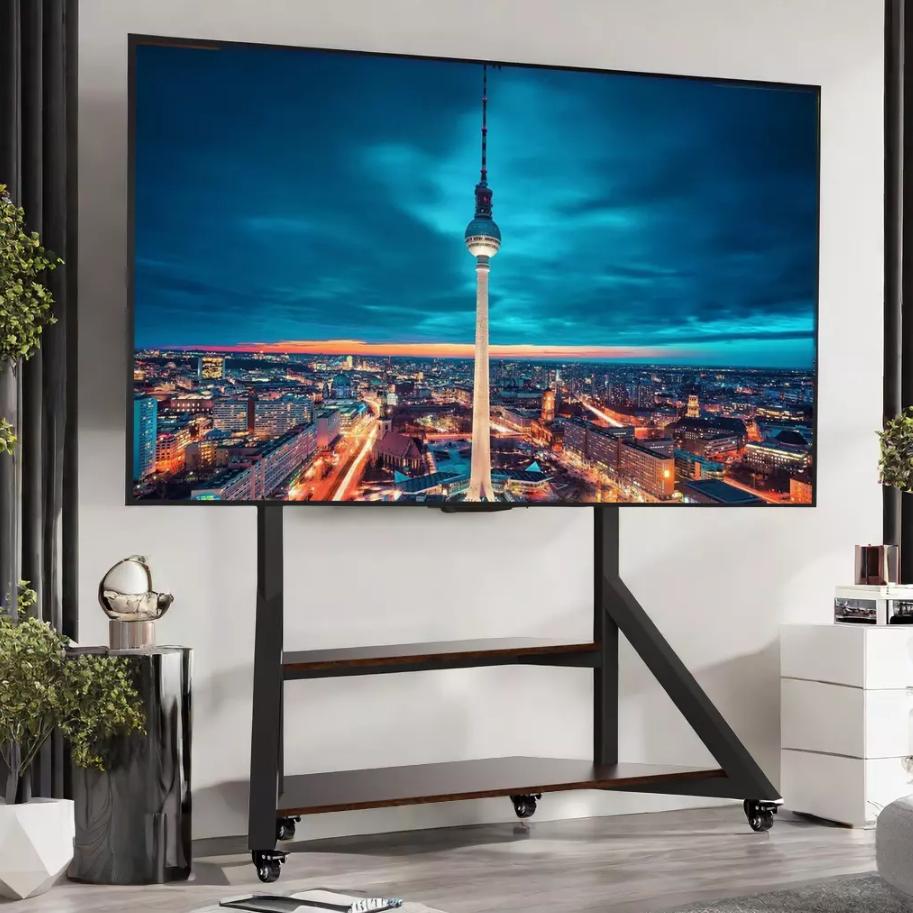 Large Wood TV Floor Stand Height Adjustable TV Mount with Storage Shelf