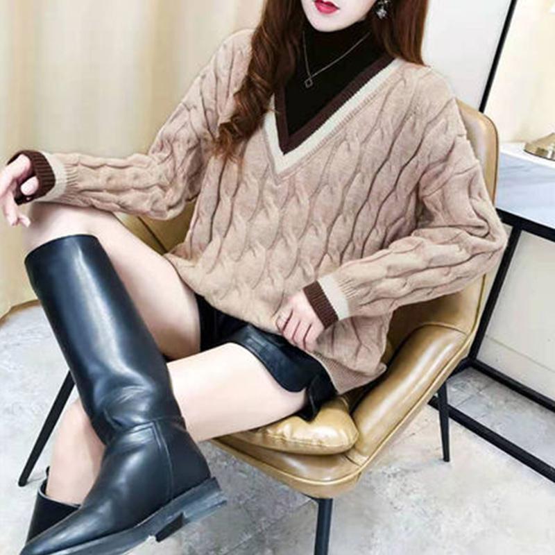 

Поддельный свитер из двух частей, женский бархатный утепленный осенне-зимний корейский вариант повседневного вязаного свитера с половиной высокого воротника XXL хаки