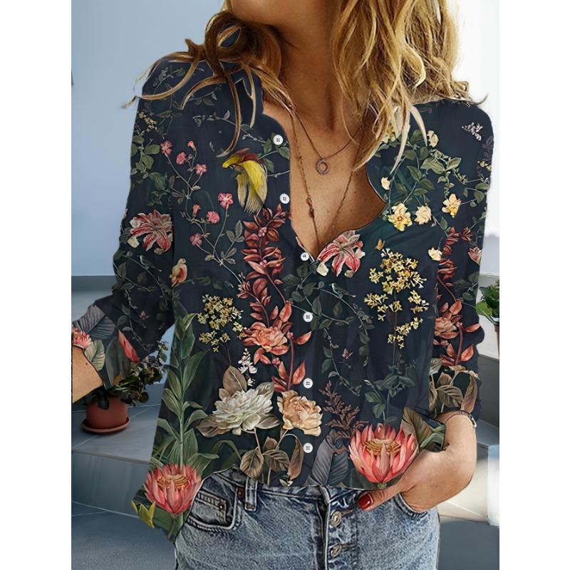 Fashion Flowers Butterflies Pattern 3D Print Women's Long Sleeve Shirt Simple Lapel Tops Autumn Casual Commuter Women Clothing