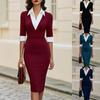 2026 Womens Collared Wrap-Fit Midi Dress With Color-Block Detail 7/8 Sleeve Office Workwear