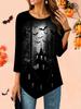 Women's Loose Round Neck Three Quarter Sleeve Tee 3D Halloween Pattern Ideal Halloween and Christmas Gift