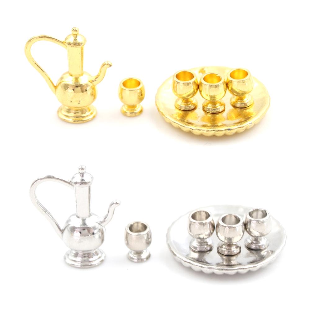 1:12 Dollhouse Kitchen Furniture Toy Miniatures Metal Teapot Set Toy Decoration