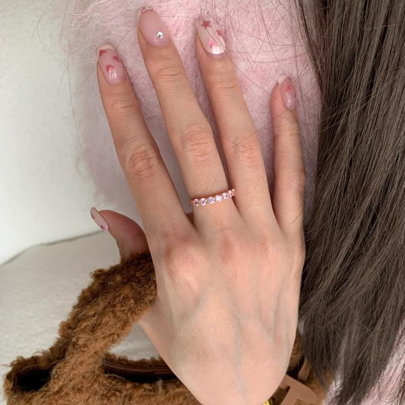 Pink Stylish Sakura Half Circle Zirconia Ring For Women Adjustable Geometry Copper