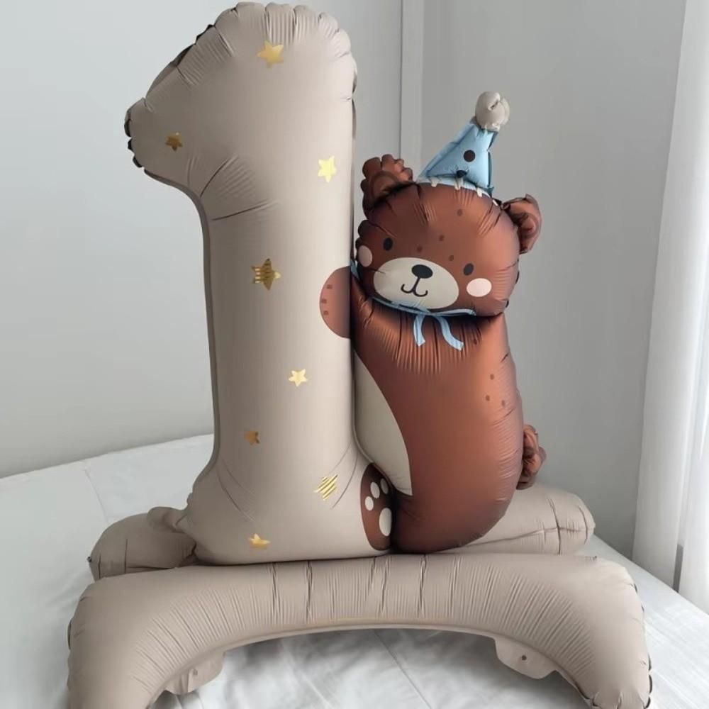 4pcs Party Decor Brown Standing Balloon Blue Pink One Year Old Balloon Digital Lovely Design Bear Balloon Birthday Party