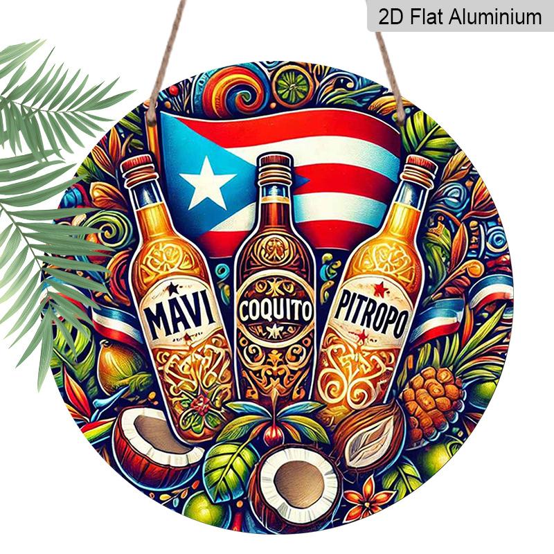 

2D Flat, 1pc Round Aluminum Sign, Puerto Rican Flag Mavi Coquito Pitropo Design, Colorful Tropical Coconut & Fruit Metal Wall Art, Ideal for Puerto 1pc