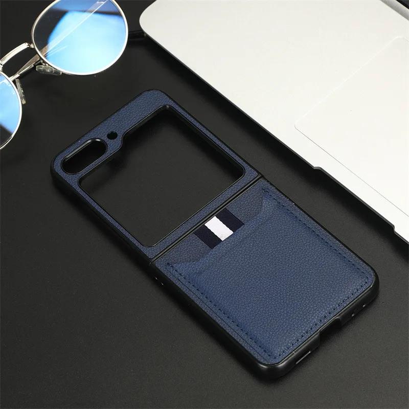 Leather Hard Shell Phone Case for Samsung Galaxy Z Flip 6 5 Flip6 Flip5 Flip4 Flip3 with Card Holde Fall Protection Sleeve Cove