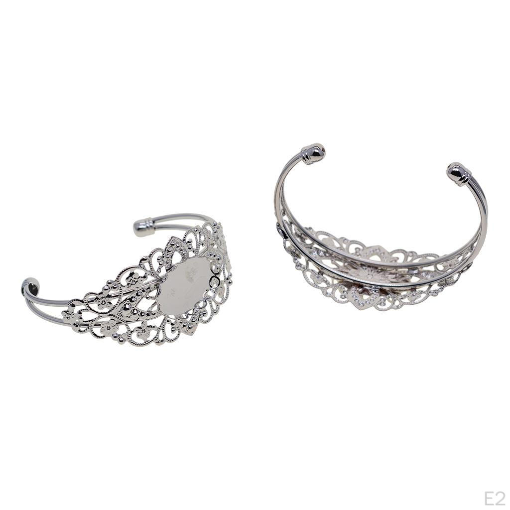 2 Piece DIY Filigree Flower Bracelets Bangle Blank Base Oval Cabochons Charms Bezel Tray Setting