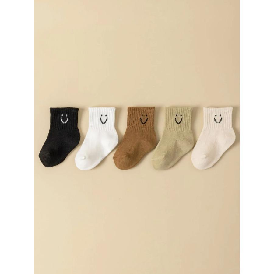 5 Pairs Baby Cartoon Pattern And Solid Color Socks