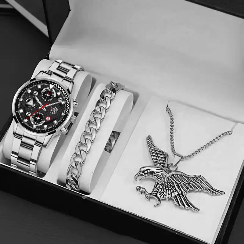 3pcs/set 1pc Men's Luxury Calendar Quartz Watch, Fashion Business Men's Stainless Steel Wrist Watch & Bracelet Necklace Set