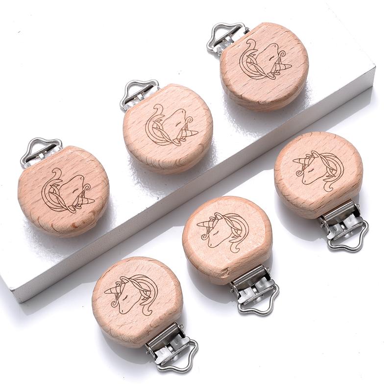 5Pcs Beech Round Pacifier Clips Flower Heart Animal Rainbow Pattern Wood Pacifier Dummy Chain Holder Baby Nursing Chew Accesory