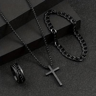 3 stuks/set Punk Zwart Kruis Hanger Ketting Dikke Schakel Armband Ring Mode Zirkoon Sets Mannen voor Herfst
