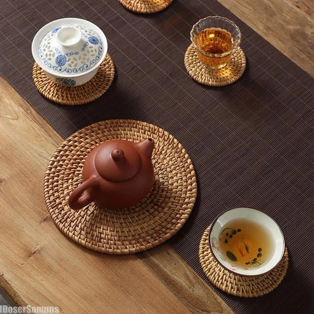 Retro Rattan Coaster Table Natural Woven Rattan Cup Coaster Drink Mug Pot Tea Coffee Placemat Handmade Kitchen Accessories