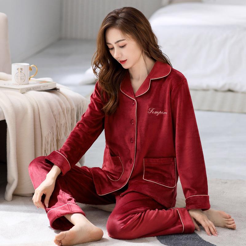 Island Fleece Pajamas Women'S Winter Thickened Fleece Winter Flannel Coral Fleece Loungewear Thin Fleece Autumn And Winter Suit