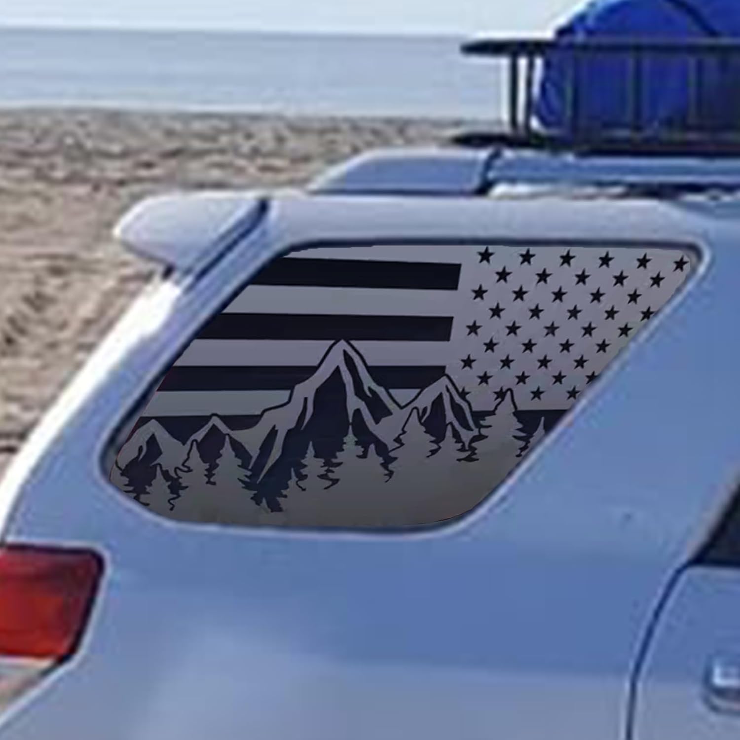 Xinghe for 2010-2024 Toyot@ 4Runner Rear Side Window Mountain American Flag Decals, Matte Black Mountain Flag Decal for Truck Side Back Window