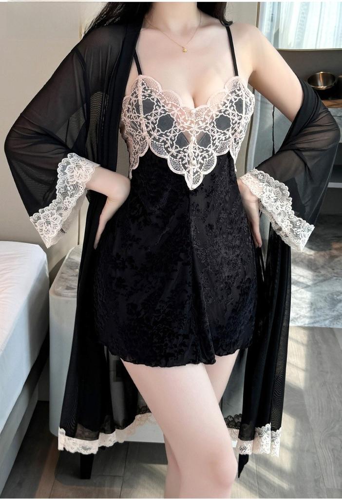 Silk Velvet Deep V Nightwear With Lace Bustier For Women Home Comfort