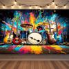 Retro rock and roll music decor with guitar, drums, neon musical notes for rock party, birthday, music festival, backdrop496