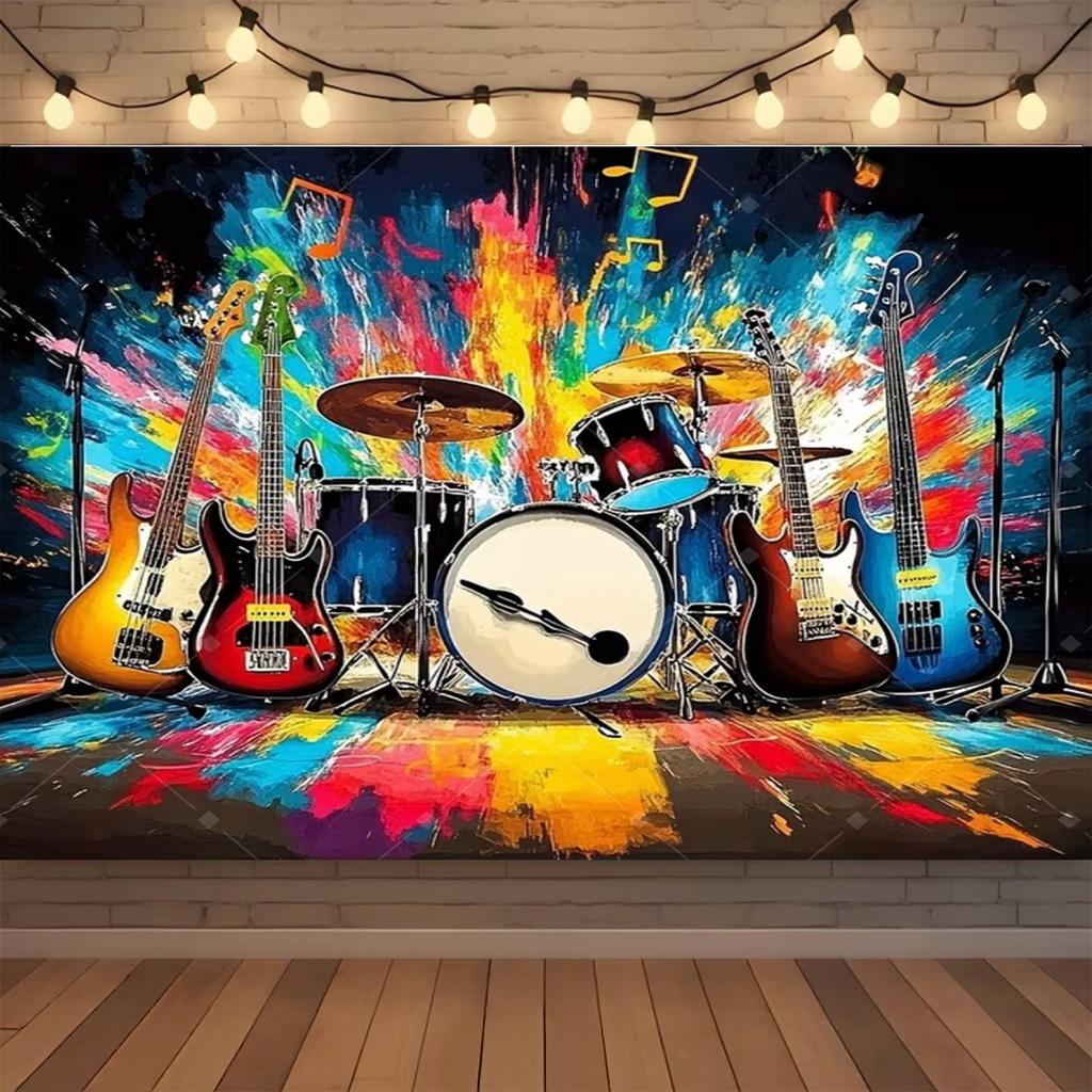 Retro rock and roll music decor with guitar, drums, neon musical notes for rock party, birthday, music festival, backdrop496