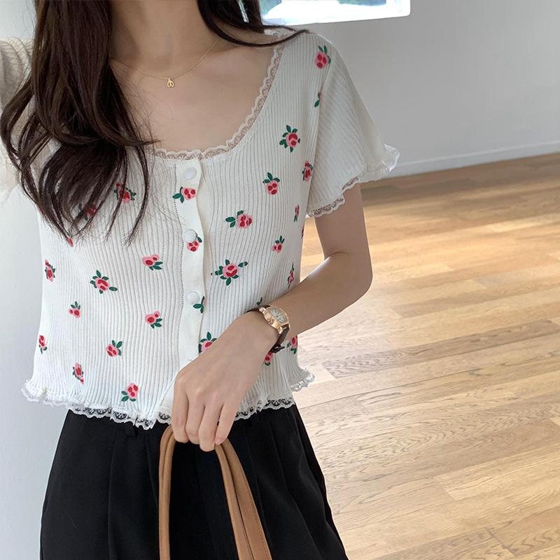 Retro Knit Short-sleeved T-shirt Female Summer Gentle Slim Small Flowers Navel Exposed Tops Casual Essential Comfort Style Slim Fit Pullovers Tees