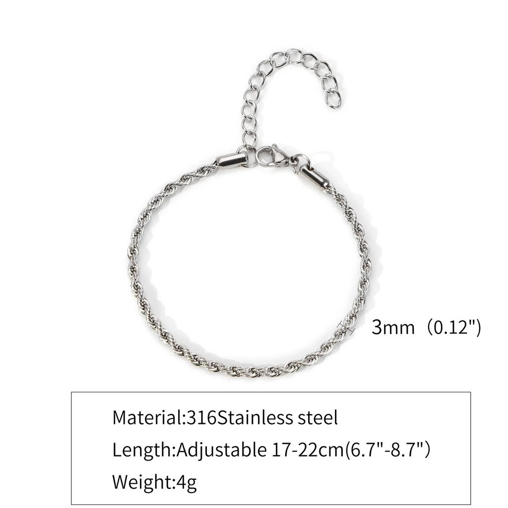 2-5MM Stainless Steel Bracelet For Women Men Gold Color Twist Rope Chain Bangle With Extended Chain Waterproof Party Jewelry