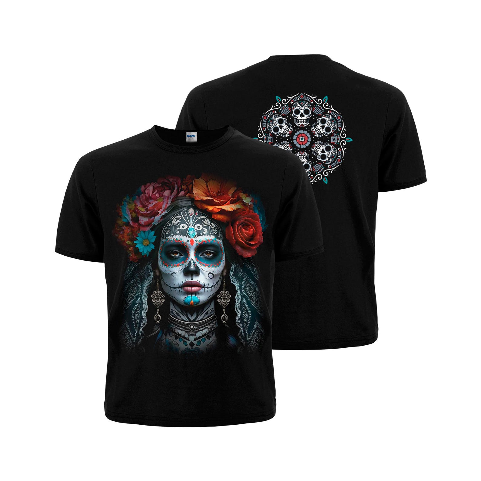 Santa Muerte T-Shirt: Skull & Roses, Mexican Folk Art 2XL