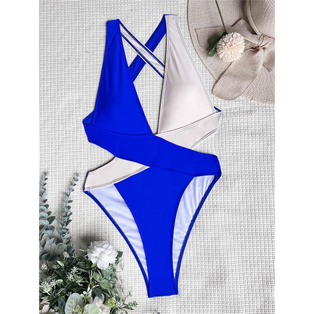 Splicing Deep V Neck Cross Back One Piece Swimsuit Women Swimwear Female Monokini Scrunch Butt Bather Bathing Suit Swim
