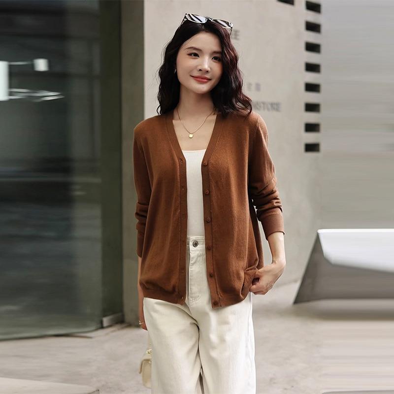 Autumn New 0 Wool Cardigan Women's Blouse Collar with Casual Long-sleeved Knitted Sweater Jacket Thin Top