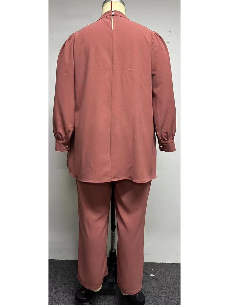Middle Eastern Plus Size Women's Beaded Loose Two-Piece Set: Pink Stand Collar Top & Wide-Leg Pants