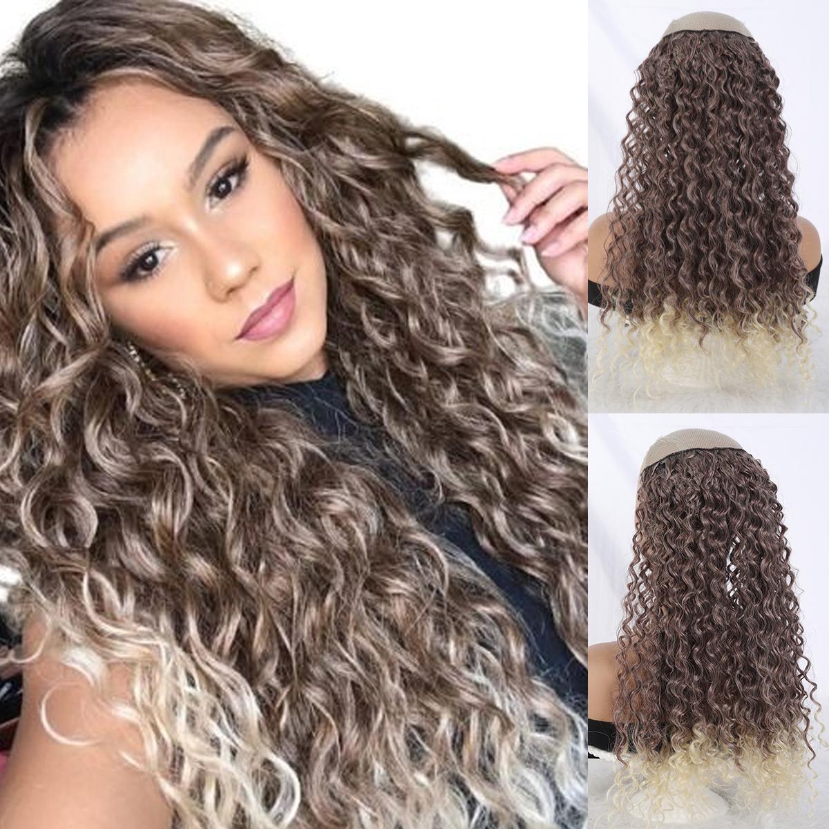 

16-дюймовые синтетические натуральные кудрявые вьющиеся волосы на заколках-рыбьей леске, невидимые накладные волосы смешанного цвета, блонд, черный, коричневый, искусственные накладные волосы для женщин