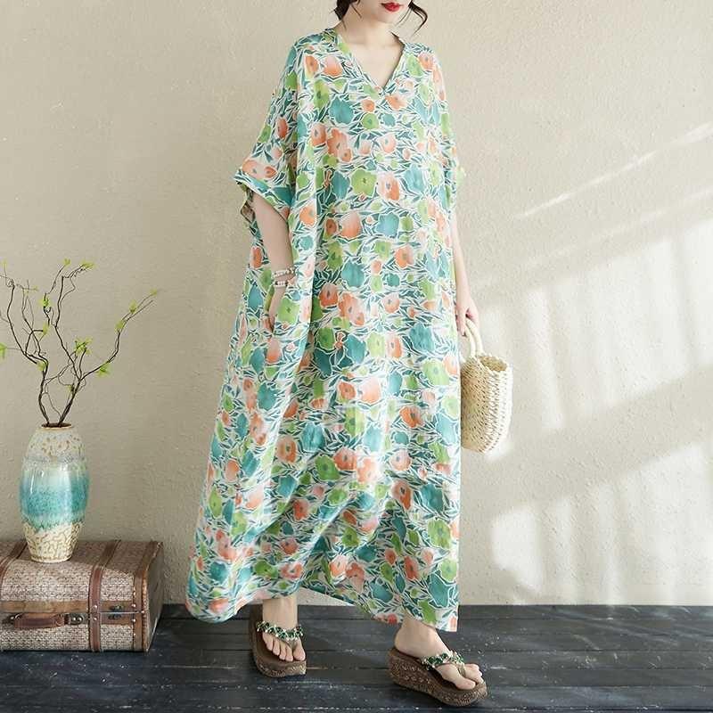 Women's Summer Floral V-Neck Maxi Dress Boho Linen Blend Beach Cover Up Loose Fit Vacation Dress with Side Slits
