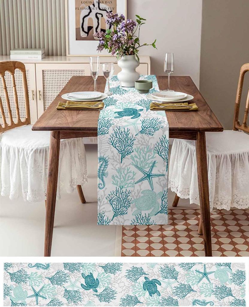 Summer Beach Sea Turtle Nautical Coral Linen Table Runners Seasonal Farmhouse Party Decor Kitchen Dining Table Wedding Decor