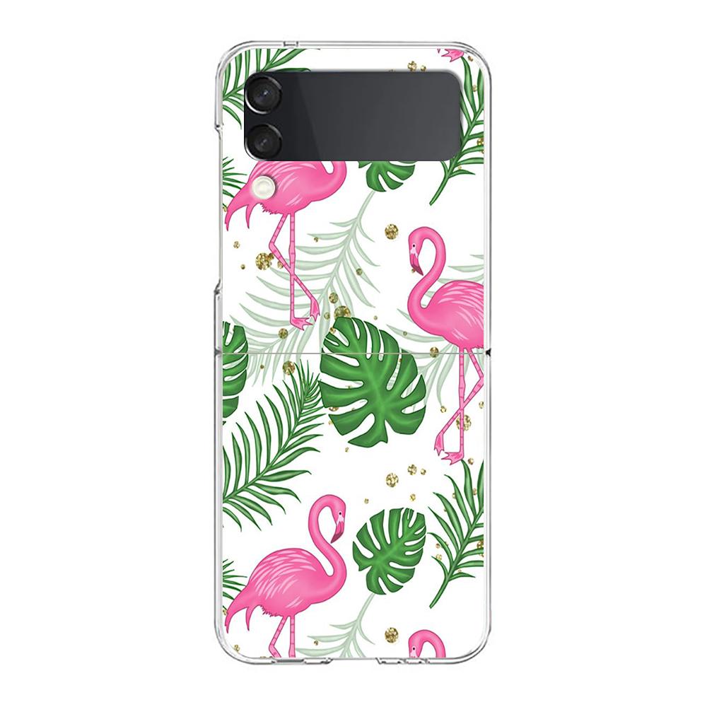 Phone Case For Samsung Galaxy Z Flip 3 4 5 Hard Folding Clear PC Bumper Lovely Pink Flamingos Leaf For Samsung Z Flip 6 Cover