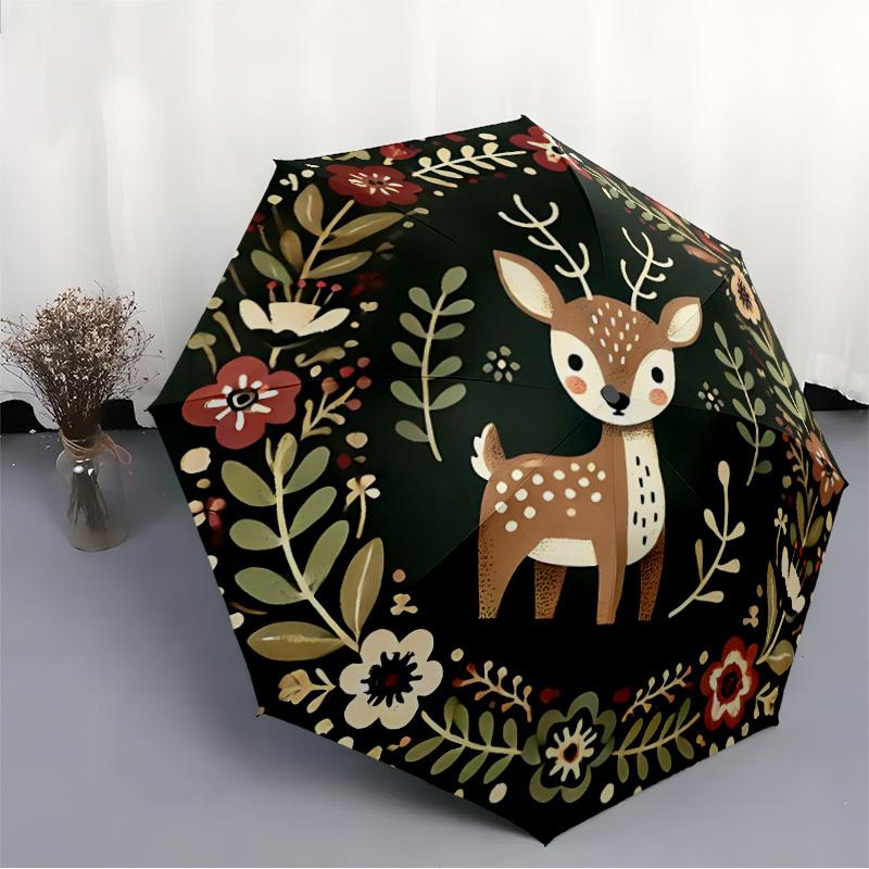 1pc Deer Floral Wreath Automatic Folding Umbrella - Windproof Compact Travel Umbrella with Auto Open/Close, 8-Rib Heavy-Duty Shaft for Women/Men A025