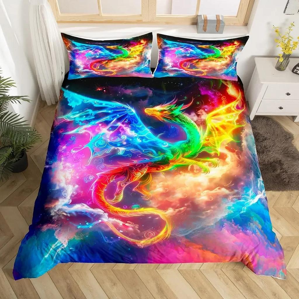 Magische Fliegende Drachen Bettwäscheset Helle Bunte Fliegende Drachen Tierwelt Jungen Bettdeckebezug Weltraum Galaxie Männer Bettwäsche Set