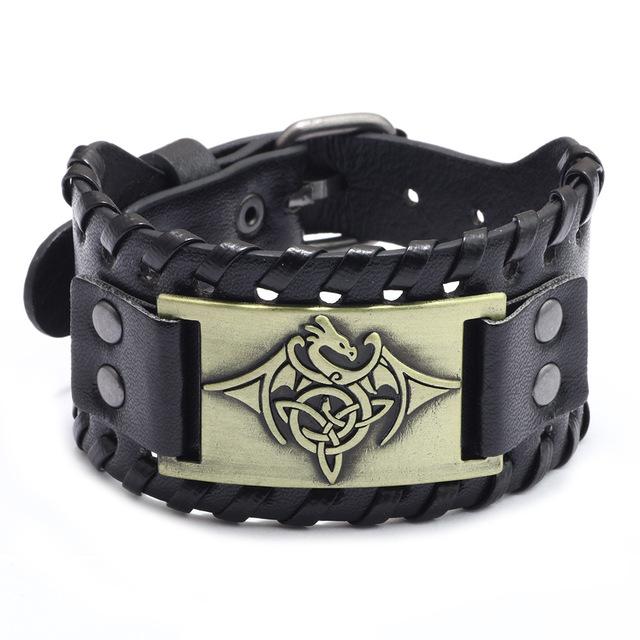 Punk Men Wide Bangle Accessory Wolf Head Charm Bracelet Leather Weave Adjustable Wristband Friendship Jewelry