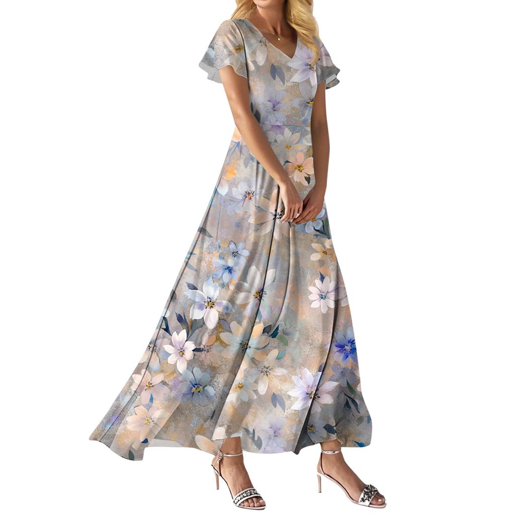 FashDamen Lockeres, lässiges Kleid mit V-Ausschnitt, kurzen Ärmeln und hoher Taille