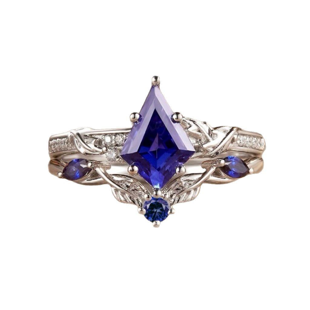 European & American Style Irregular Rhombus Blue Diamond Silver Ring for Women