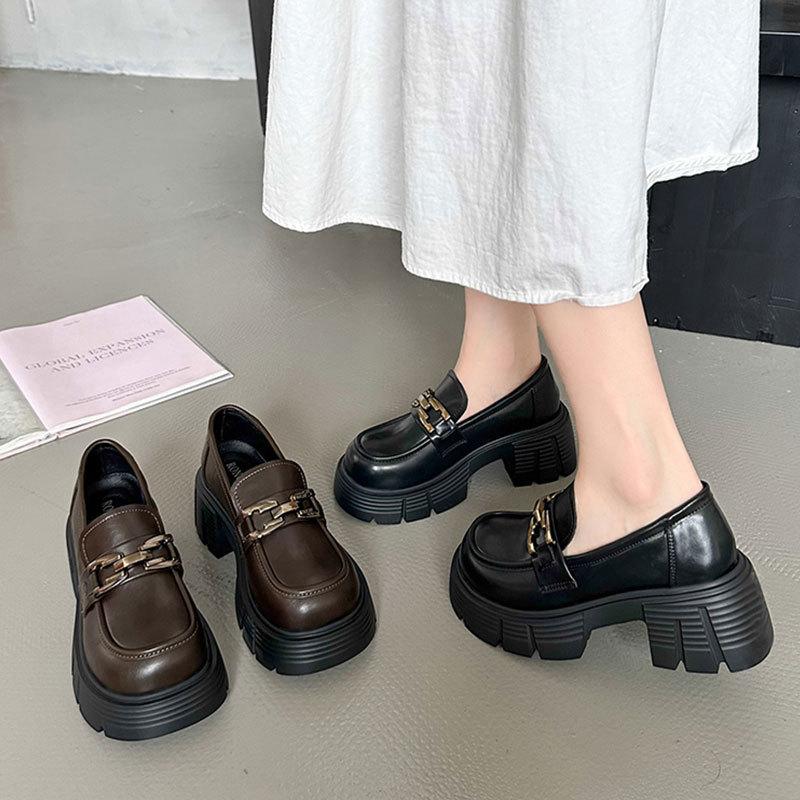 French round head thick heel platform British single shoes women's 2025 spring new versatile black retro loafer small leather shoes