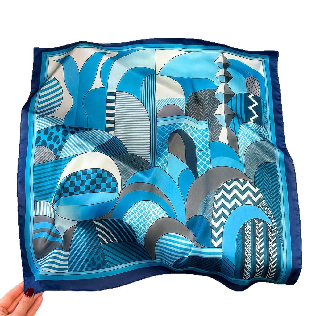 Light luxury three-dimensional geometric printing medium square scarf imitation silk contrasting color silk scarf trendy cool wear decorative neck sca