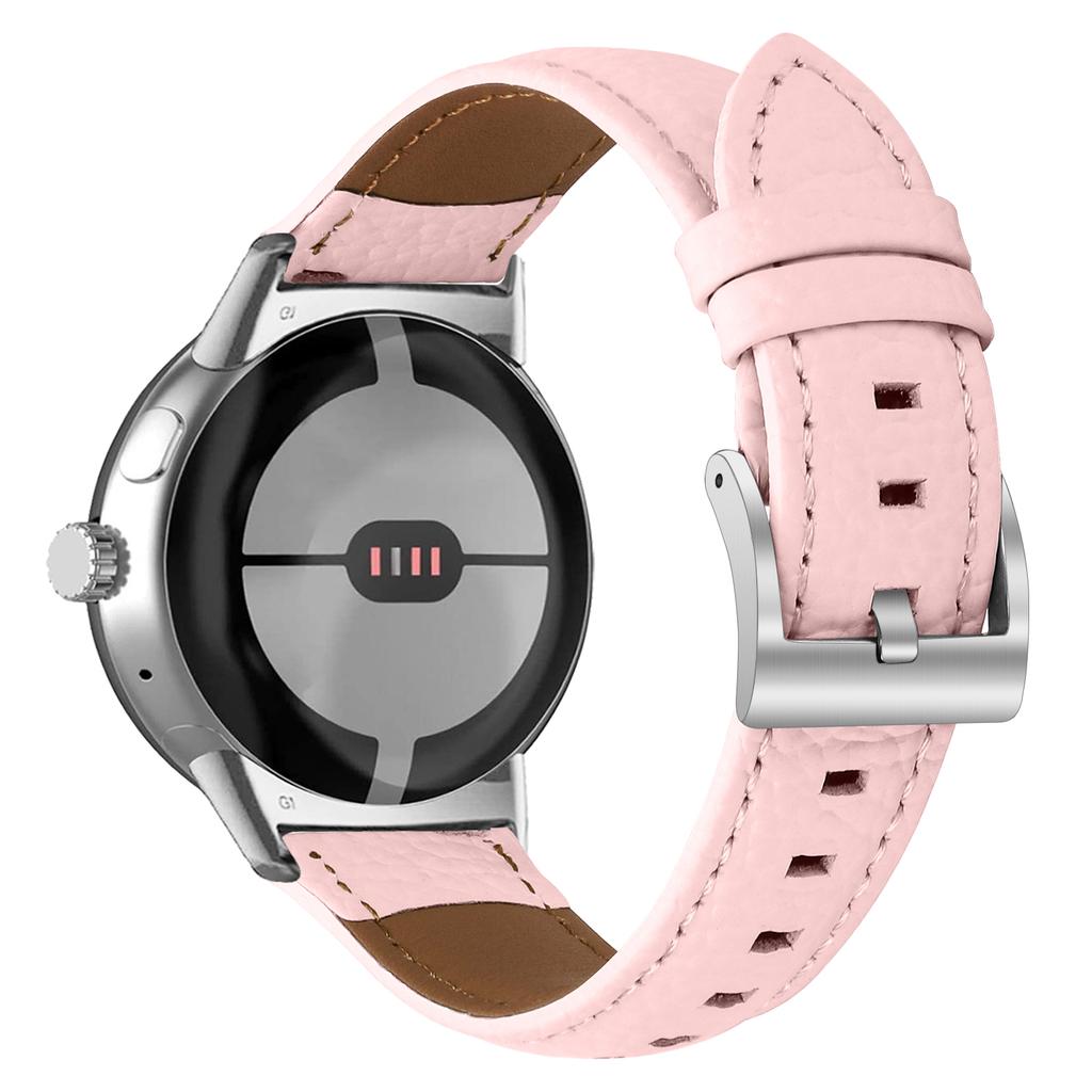 Litchi Textured Genuine Leather Strap for Google Pixel Watch 4/3/2/Watch 41mm Pointed-End Watch Band with Silver Buckle