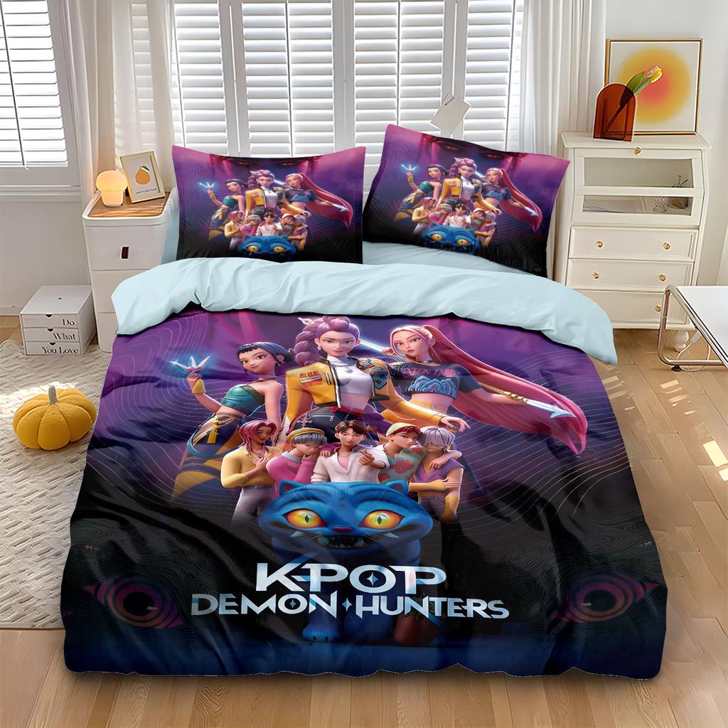 3pcs/set K-Pop Bedding Set Demon Hunters Colorful Print Polyester Student Dormitory Bed Sheet Duvet Cover Kid Gift Home Textile