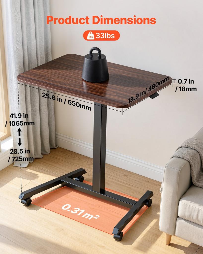 Standing Desk, Adjustable Height Mobile Stand Up Desk with 4 Casters, 650 x 480 mm Small Computer Sit Stand Rolling Workstation with Hook, 15 kg