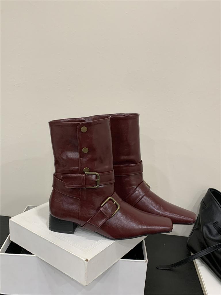 Retro thick heel square head western cowboy boots women's middle heel 2025 autumn new belt buckle women's boots