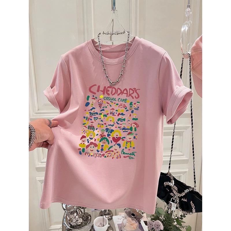 2025 Summer Funny Cartoon Print T Shirt for Women Harajuku Pure Cotton Oversized T-shirt Women's Luxury Clothing White Black Y2k Tops Streetwear