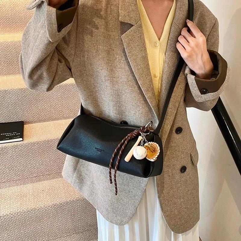 Monochromatic PU Shoulder Bag with Zipper for Women All-purpose Crossbody Bags Feminine Fashion