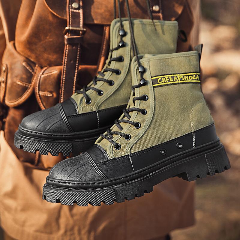 Grüne Canvas Herren Stiefeletten Mode Schnürstiefel Motorradstiefel Mann Werkzeugstiefel Herbst Rutschfest Cowboy Plateau Stiefel Für Mann